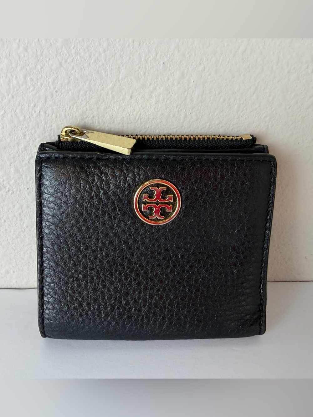 Tory Burch Emerson Mini Black Bi-fold Pebbled Leather Wallet
